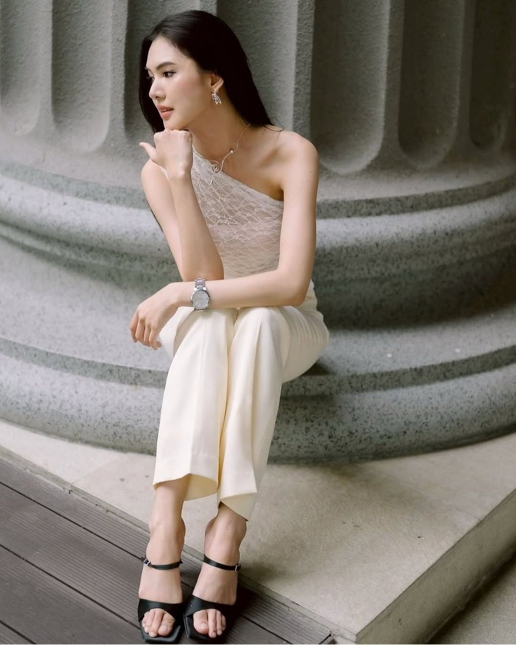 Model wearing The Alice minimal strappy stiletto mules