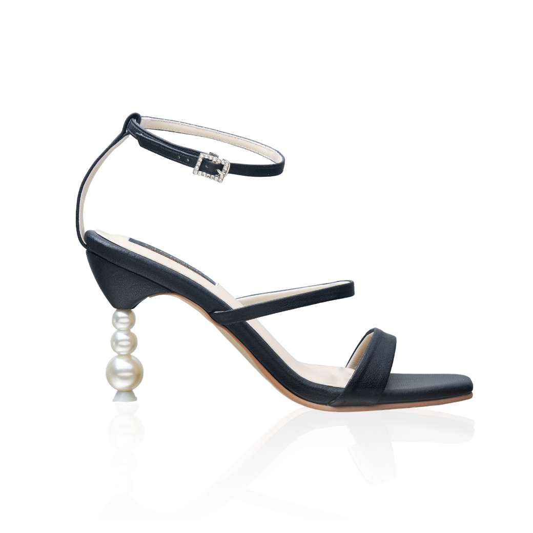The Belinda strappy heels with a signature pearl heel and 3.5-inch height, in black