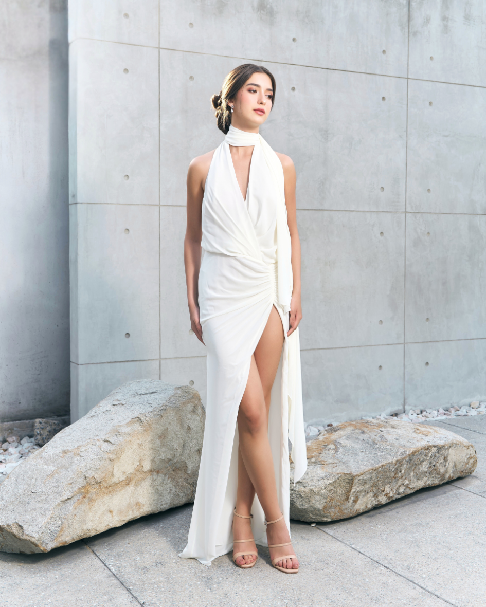 Model wearing The Belinda pearl heels