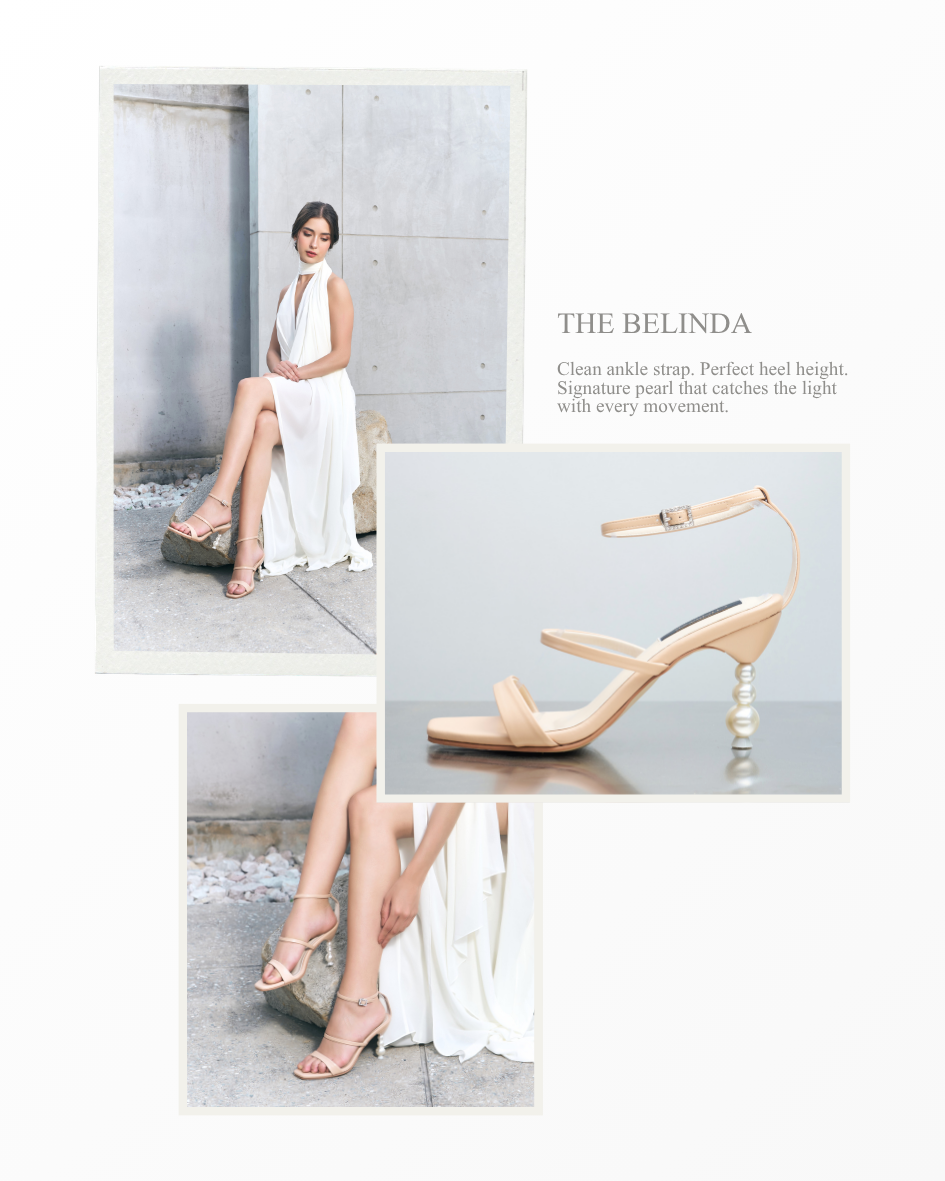 Model wearing The Belinda pearl heels