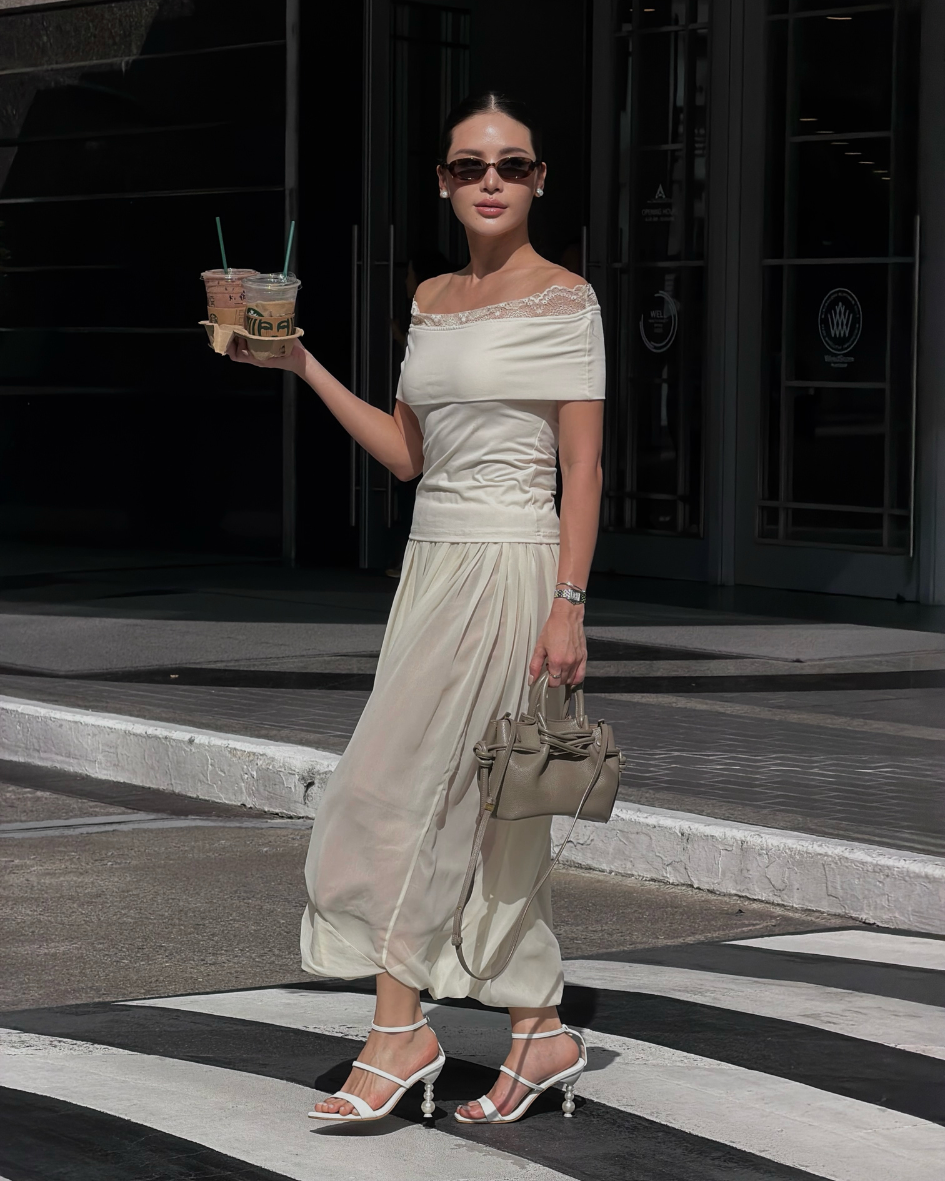 Model wearing The Belinda pearl heels