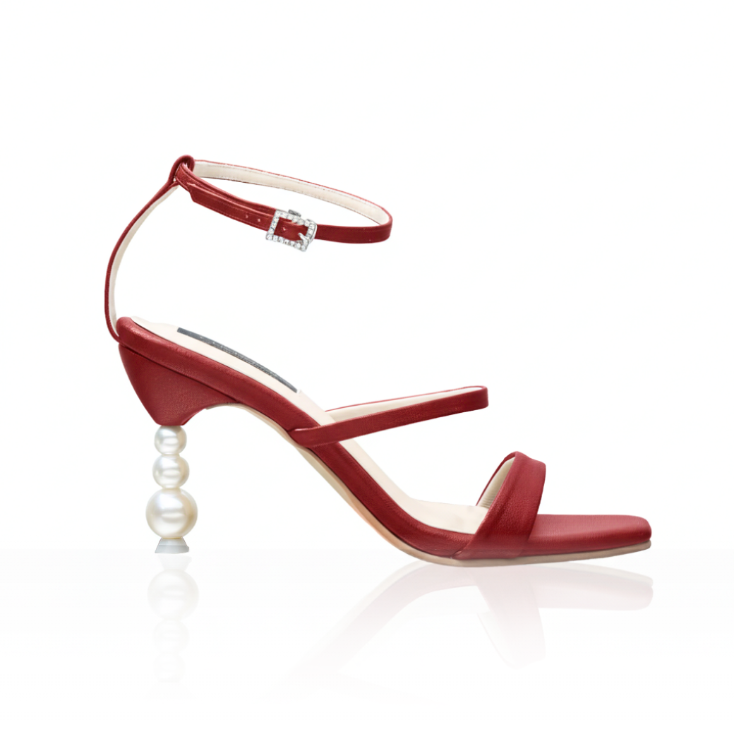 The Belinda strappy heels with a signature pearl heel and 3.5-inch height, in red