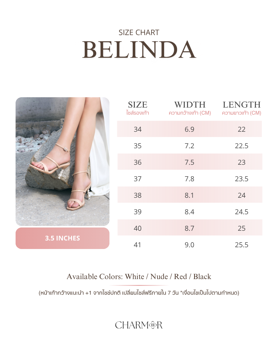 The Belinda size chart with foot width and length for each size