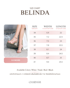 The Belinda size chart with foot width and length for each size