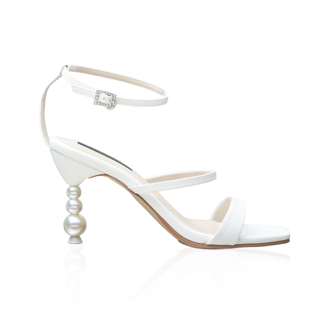 The Belinda strappy heels with a signature pearl heel and 3.5-inch height, in white
