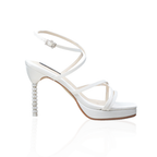The Cara cross-strap heels with a crystal-embellished 4-inch heel, in white