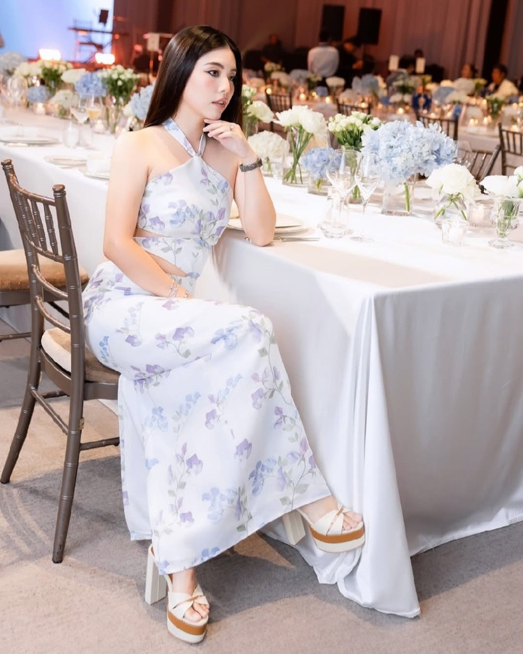 Model wearing The De’Mure woven-detail platform sandals