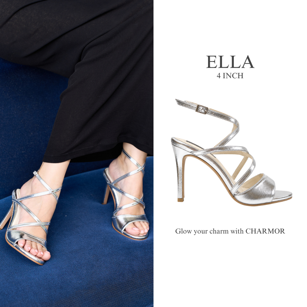 Model wearing The Ella strappy heels in silver
