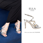 Model wearing The Ella strappy heels in silver