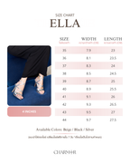 The Ella size chart with foot width and length for each size