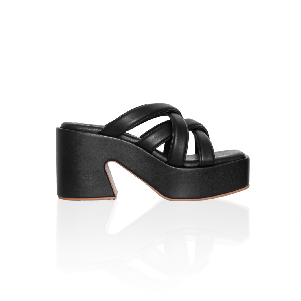 The Miguel cross-strap platform sandals with a 3.5-inch block heel, in black