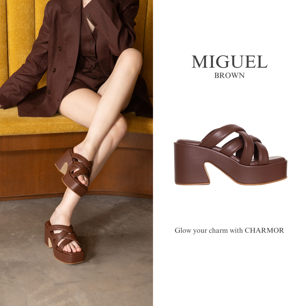 Model wearing The Miguel platform sandals in brown