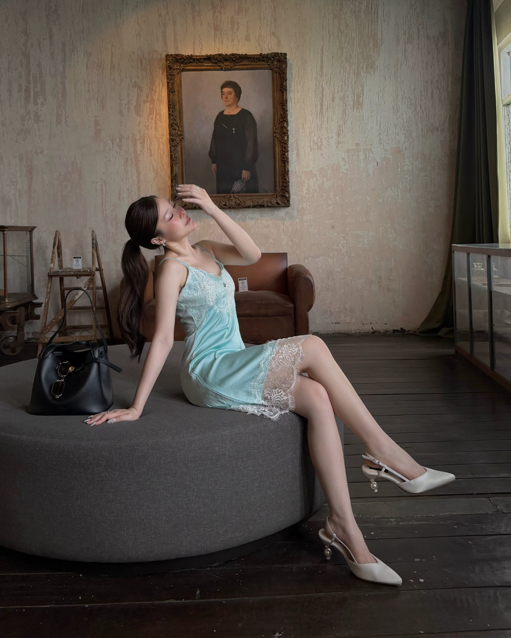 Model wearing The Milada pearl slingback heels
