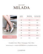 The Milada size chart with foot width and length for each size
