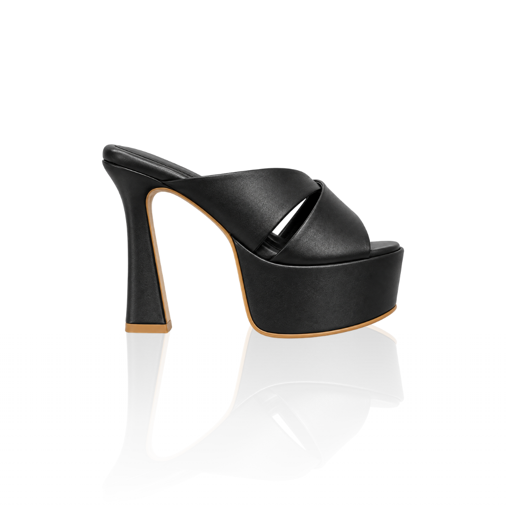 The Sophia cross-strap platform mules with a 5.7-inch heel, in black