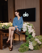 Model wearing The Sophia platform mules