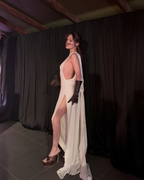 Model wearing The Sophia platform mules