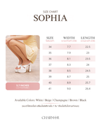 The Sophia size chart with foot width and length for each size