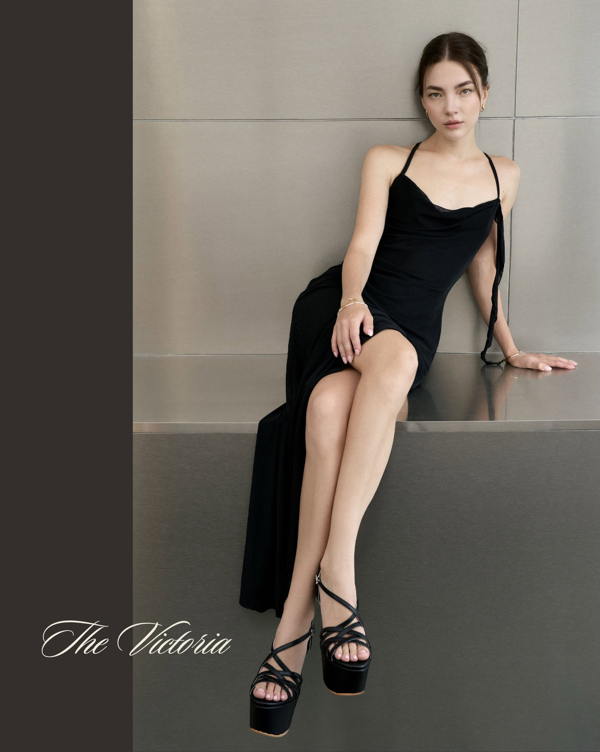 Model wearing The Victoria cross-strap pageant platform heels