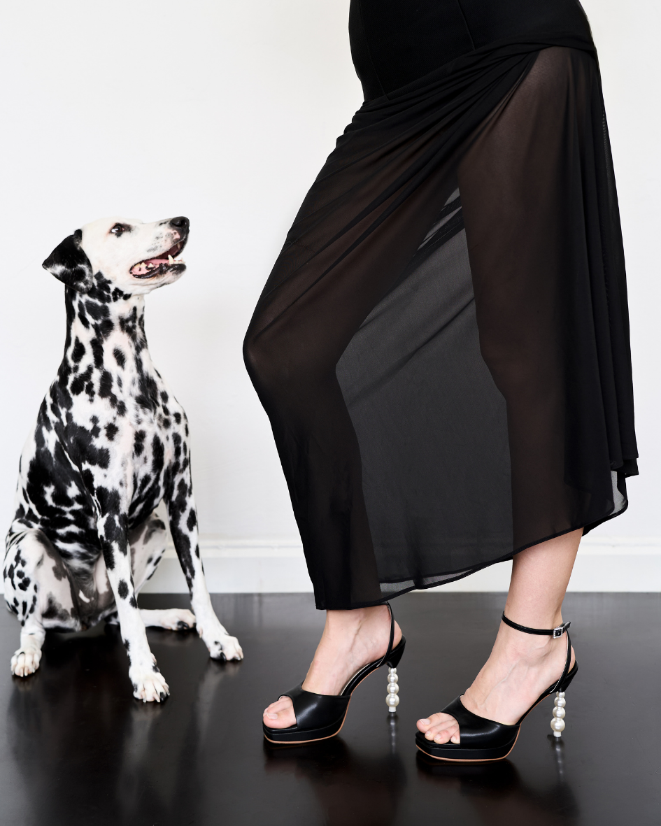 Model wearing The Vida pearl platform heels