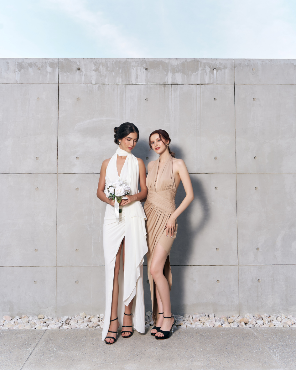 Model wearing The Vida pearl platform heels