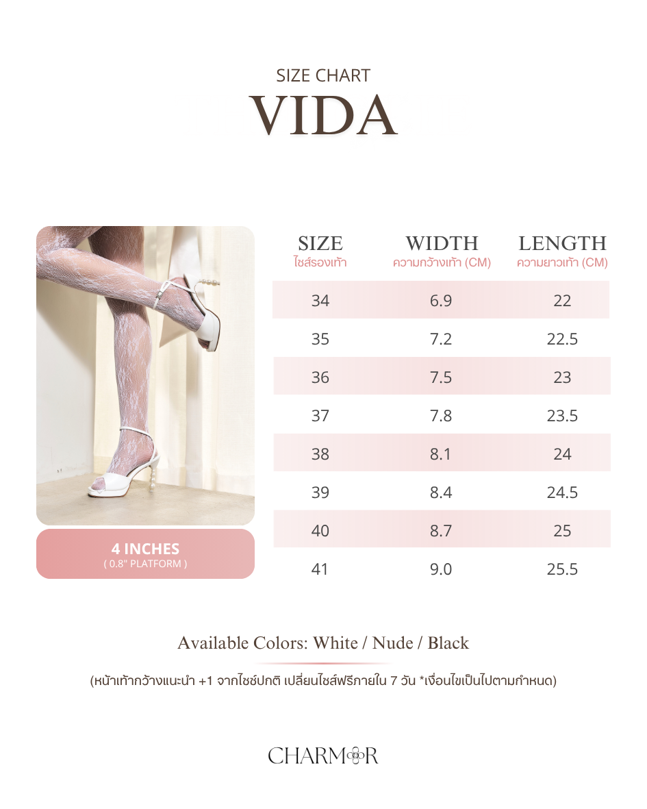 The Vida size chart with foot width and length for each size